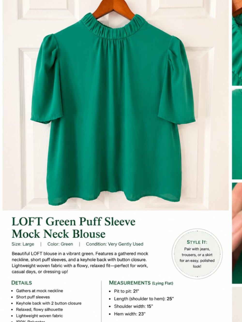 LOFT Green Mock Neck Puff Sleeve Blouse Size L